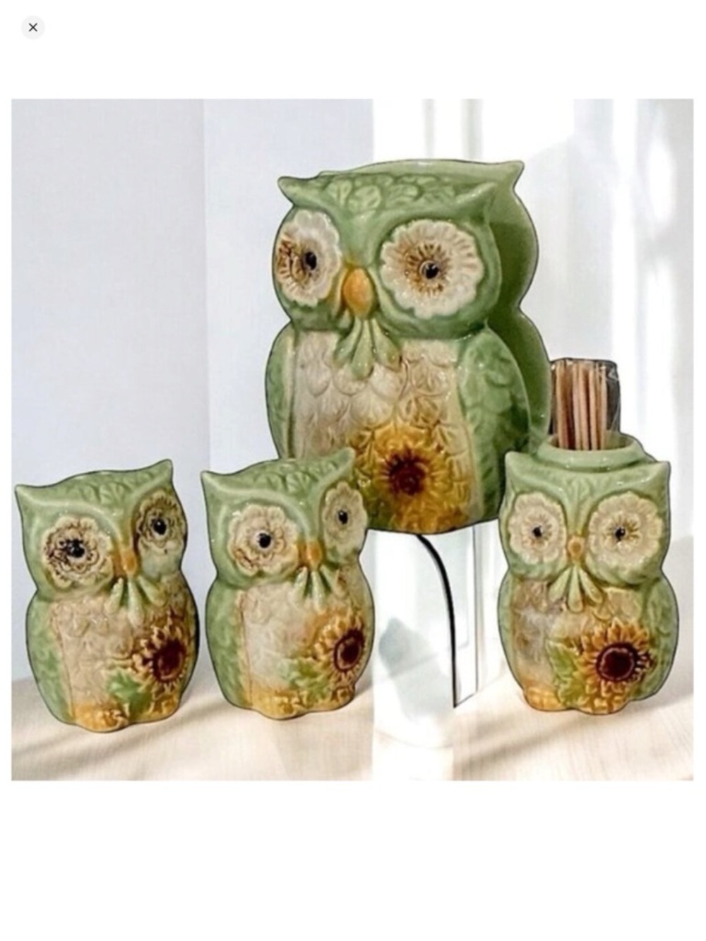 Owl Ceramic Kitchen Set Functional Hand Painted Art Green Yellow Sunflower 4 PC